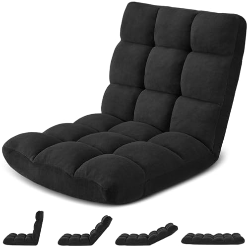 Folding Floor Gaming Chair, 14-Position Adjustable Backrest, Skin-Friendly Flannel & Aluminum Alloy Frame, Ideal for Reading, Gaming, Sleeping, Black - color: Black