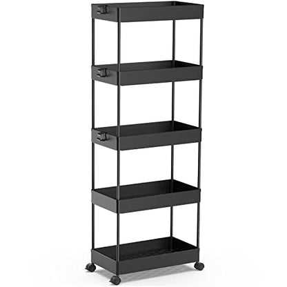 SPACEKEEPER 5 Tier Storage Rolling Cart, Bathroom Cart with Wheels, Black - color: Black, size: 5 Tier