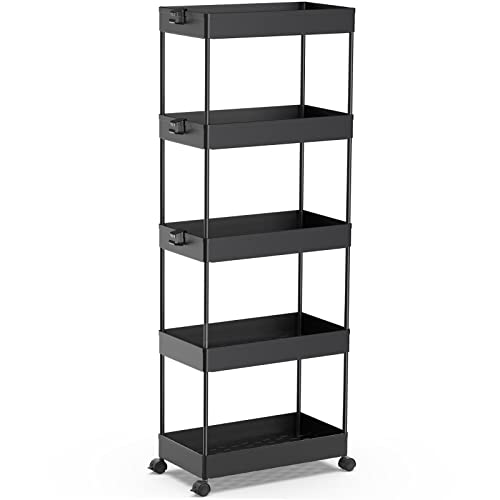 SPACEKEEPER 5 Tier Storage Rolling Cart, Bathroom Cart with Wheels, Black - color: Black, size: 5 Tier