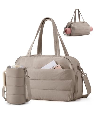 BAGSMART 2 Set Gym Bag for Women, Yoga Bag with Water Bottle Holder | For yoga travel sports dance, 25L pilates bag, overnight duffle bag - color: Brown, style: Puffer Crossbody