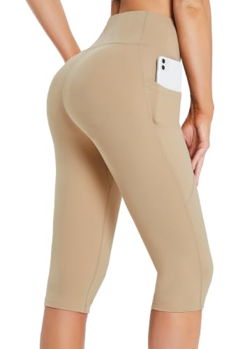 baleaf Women's Capri Leggings with Pockets Knee Length High Waisted - color: Khaki, size: X-Large