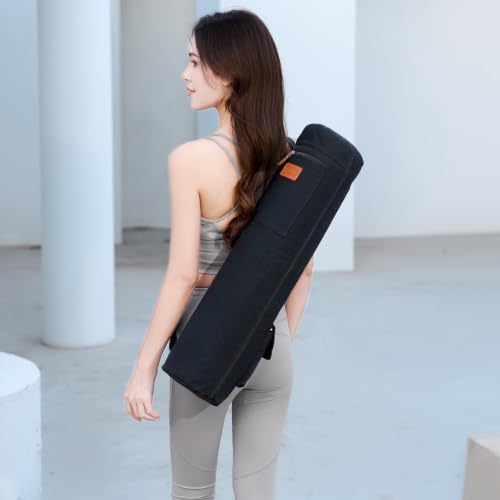 Yoga Mat Bag for Women & Men, Full-Zip Canvas Pilates Bag with Pockets | Lightweight Yoga Mat Carrier with Adjustable Shoulder Strap, Fits 1/4 & 1/3 Inch Thick Mats, for Studio Gym Travel Workout - color: Black-1