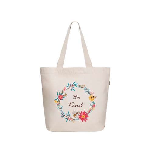 Ecoright Aesthetic Canvas Tote Bag for Women Large Zipper Tote Bags with Pocket, Womens Tote Bag for Yoga, Work, Beach - color: Be Kind(natural)