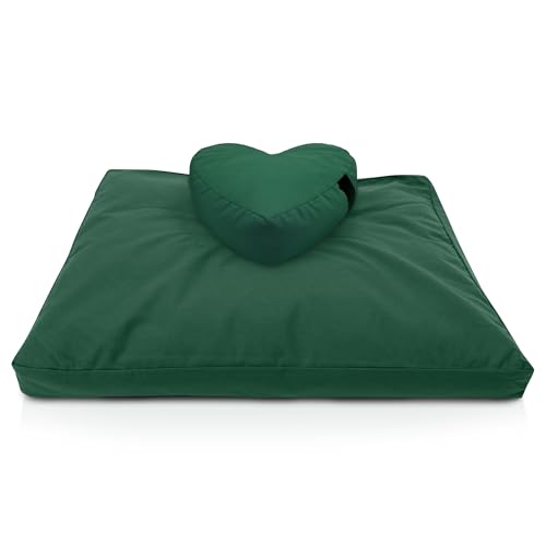 Bean Products Meditation Cushion Mat Set - Zafu Floor Pillow Organic Buckwheat Pillow + Cotton Filled Zabuton Prayer Pad - Meditation Pillow Yoga Knee Pad - Made in USA - 14" Round or 18" Oval - color: Forest Green - 10oz Cotton Canvas, size: Heart Shaped