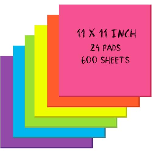 Zubebe 24 Pads 11 x 11 Inch Large Sticky Notes Jumbo Bright Colors Sticky Notepads Self Stick Note Square Memo Post Stickies for Office School, 25 Sheets/pad (6 Colors) - color: 6 Colors