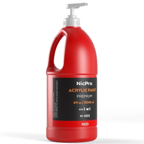 Nicpro Red Large Acrylic Paint (69 oz, 2040 ml), Rich Pigments, Non Toxic | Craft Paint for Multi Surface, Canvas, Wood, Leather, Fabric, Rock, Art Painting Supplies for Beginners Artists with Pump - color: Red, size: 69 Fl Oz (Pack of 1)