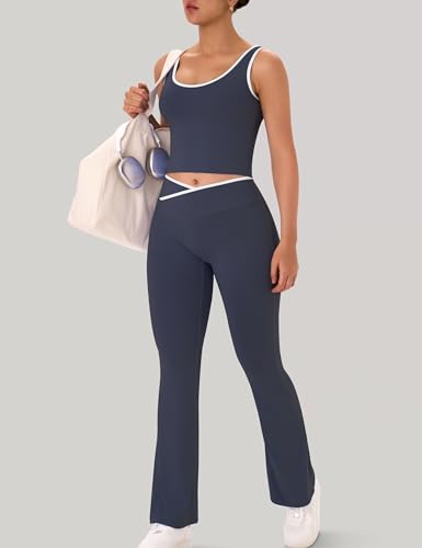 Womens Workout Sets 2 Piece Flare Leggings Contrast Top - color: Navy Blue, size: Medium