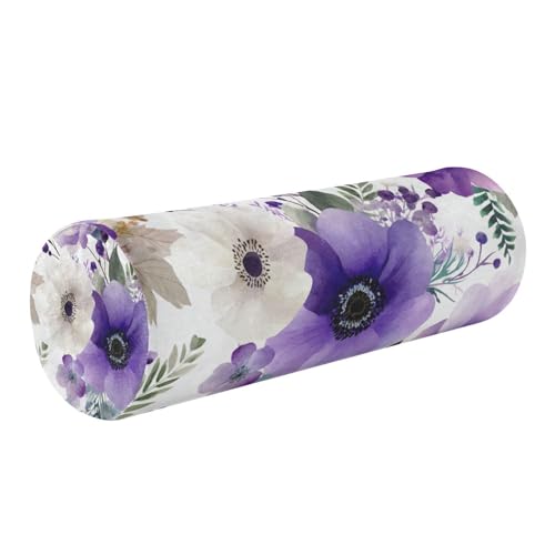 Purple White Lotus Flowers and Berries Neck Roll Pillow Bolster Round Health Memory Foam Long Cervical Cylinder Pillows with Removable Washable Cover for Body Bed Legs Back Yoga - color: Blue and White Silver Lotus Flowers and Berries