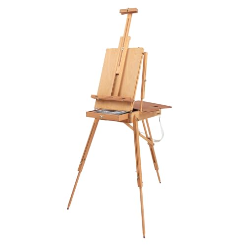Grand Luxe Full Box French Easel- Oiled Beechwood Artist Easel with Brass Fittings, Adjustable Dividers, and Wood Palette- Plein Air Easel w/Leather Handle and Linen Strap for Canvases up to 34" High - size: Full Box