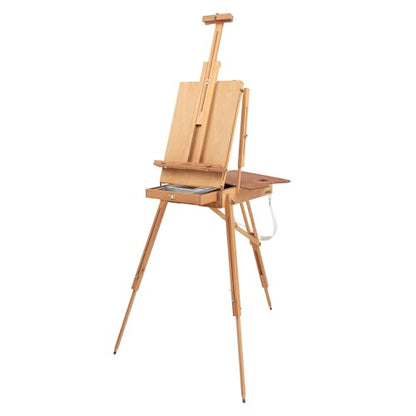Grand Luxe Full Box French Easel- Oiled Beechwood Artist Easel with Brass Fittings, Adjustable Dividers, and Wood Palette- Plein Air Easel w/Leather Handle and Linen Strap for Canvases up to 34" High - size: Full Box
