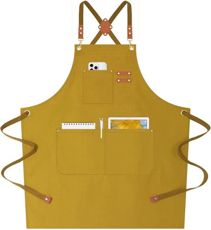 AFUN Chef Aprons for Women Men with Oversized Pockets, 12-Ounce Cotton Canvas Cross Back Water Repellent Apron (Brown) - color: Brown