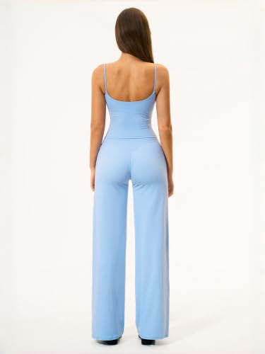Womens Two Piece Workout Sets Spaghetti Straps Crop Top Matching Straight Leg Pants Gym Yoga Pilates Outfits - color: Blue, size: Large