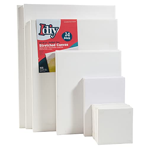 iDIY Stretched Canvas Board Multi Pack (Set of 14) - Sizes 4 x 4-12 x 16, 5/8" Variety Pack - Classic White Blank, Pre Primed for Oils or Acrylics, 100% Cotton, Acid Free - Professional Grade - size: Multi (set of 14)