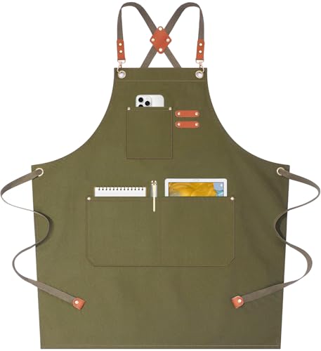 AFUN Chef Aprons for Women Men with Oversized Pockets, 12-Ounce Cotton Canvas Cross Back Water Repellent Apron (Grey Green) - color: Grey Green