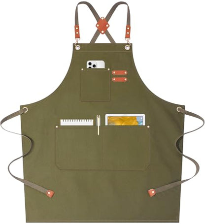 AFUN Chef Aprons for Women Men with Oversized Pockets, 12-Ounce Cotton Canvas Cross Back Water Repellent Apron (Grey Green) - color: Grey Green