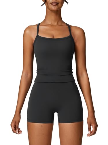 ABOCIW 2 Pieces Workout Sets for Women, Cross Back Tank Top Matching High Waist Biker Shorts, Gym Yoga Pilates Outfits - color: Black, size: Small