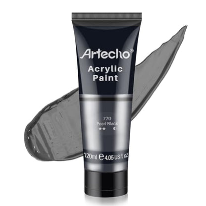 Artecho Black Acrylic Paint, Pearl Black (120ml / 4.05oz) Tubes, Art Craft Paints for Canvas, Rock, Stone, Wood, Fabric, Art Supplies | Semi Glossy Finish, High Pigment Rich Color Craft Paint for Canvas, Rocks, Wood, Fabric, Ceramic, Non-Toxic - color: Pe