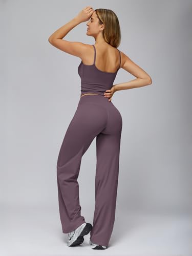 Womens Two Piece Workout Sets Spaghetti Straps Crop Top Matching Straight Leg Pants Gym Yoga Pilates Outfits - color: Deep Purple, size: Small