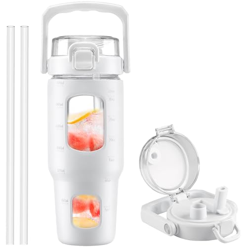 BLUEGO 32oz Glass Water Bottle with Handle and Straw|Leakproof Sports Glass Bottle with Time Marker and Silicone Sleeve|Glass Drinking Bottle for Travel, Gym, Workout, White - color: White, size: 32 Ounces