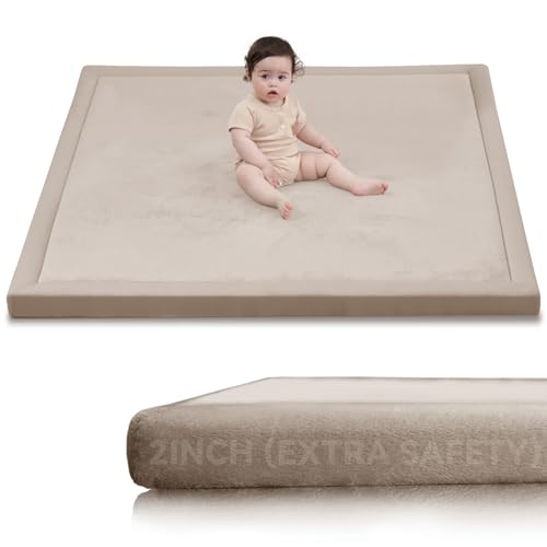Huloo Sleep 2" Thick Extra Safety Baby Play Mat for Floor,Ultra Soft Elasti-Foam 50x50 Playpen Mat for Toddlers Infant Kids,Non-Slip Backing Safe for Crawling&Tummy Time,Tatami Style (Beige) - color: Beige, size: 50"×50"×2"