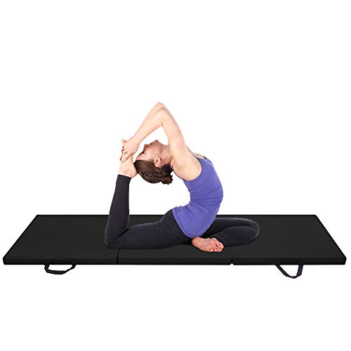 Bonnlo Folding Exercise Aerobics Mat, 6ft x 2ft x 2in PU Leather Mats with Carrying Handles with Hook & Loop Fastener for MMA, Stretching, Cheerleading Martial Arts,Gymnastic - color: Black