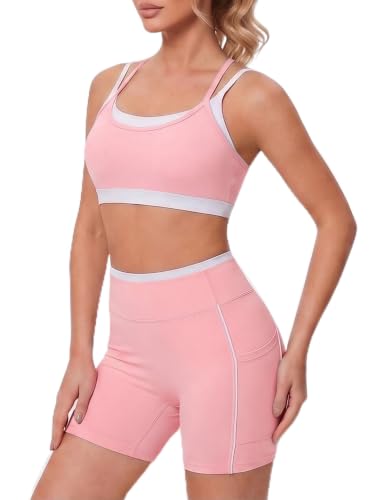 Double Layer Workout Sets for Women Cute Matching Gym Yoga Pilates Outfit | 2 Piece Trendy Active Athleisure Set, Spaghetti Straps Double Layered Sports Bra High Waisted Athletic Short for Yoga Pilates - color: Light Pink, size: Medium