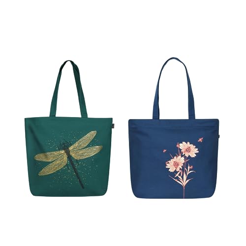 Ecoright Aesthetic Canvas Tote Bag for Women Large Zipper Tote Bags with Pocket, Womens Tote Bag for Yoga, Work, Beach - color: Dragon Fly Flowers