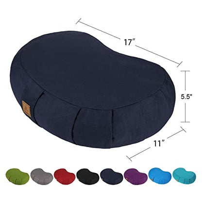 Crescent Zafu Meditation Pillow, D=17" W=11" H=5.5" Zabuton Yoga Bolster, Meditation Cushion, Floor Pouf Yoga Pillow Zippered Organic Cotton Cover Natural Buckwheat kneeling pillow - Large - color: Navy blue