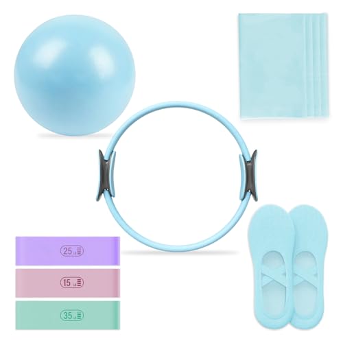 Pilates Essential Kit - Home Pilates Equipment Set - with Toning Pilates Ring & Long Resistance Bands & 3 Level Pilates Loop Bands & Soft Pilates Ball & Pilates Grip Socks - color: Blue