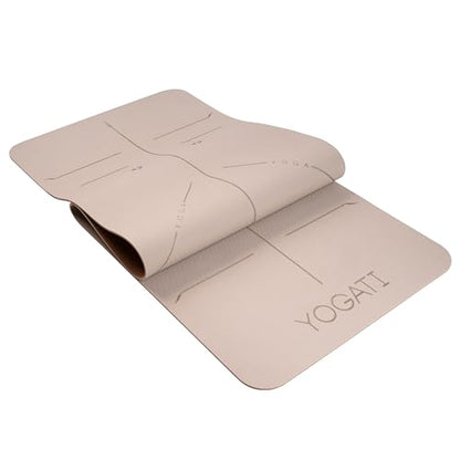 YOGATI® 정렬 라인이 있는 스트랩이 달린 요가 매트. 여성, 남성 및 아동용 홈 운동 매트. 필라테스와 피트니스를 위한 두꺼운 미끄럼 방지 요가 매트. 브라운, 핑크 및 퍼플 요가 매트 - color: 브라운.