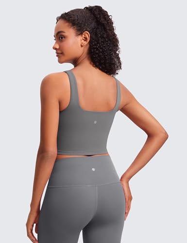 CRZ YOGA Butterluxe Square Neck Crop Tank Top | Built in Bra, Light Support, Removable Pads, Yoga, Extremely Soft, Wide Straps, Longline Sports Bras for Women - color: Ash Grey, size: X-Large