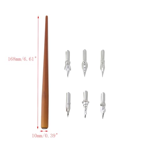 Dip Pen Set 1pcs Wooden Pen Nib Holder 6pcs Stainless Steel Replacement Fountain Pen Nibs for Calligraphy Drawing Signing Sketch Painting Writing (Brown) - color: Brown