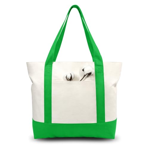 TOPDesign 1-Pack Canvas Tote Bag with an External Pocket, Reusable Grocery Shopping Bag, Top Zipper Closure, Daily Essentials (Lime Green/Natural) - color: Lime Green/Natural