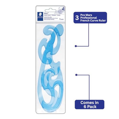 STAEDTLER Mars Professional French Curve Design Ruler Set, 6-Pack | 3 Essential A B C Shapes, Blue Transparent Plastic with Inking Edge, 3 pcs Each Set, 18 Count