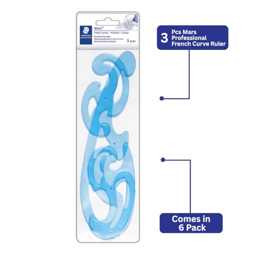 STAEDTLER Mars Professional French Curve Design Ruler Set for Pattern Making, 3 Essential A B C Shapes, Blue Transparent Plastic with Inking Edge