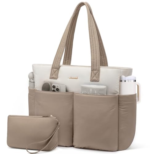 LOVEVOOK Puffer Laptop Bag for Women, Ultra-Lightweight Work Bag Tote w/Organized Compartments, 15.6/17.3“, for Travel&Work - color: Khaki/Beige, size: 15.6 Inch