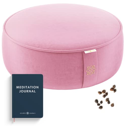 Mindful Modern Velvet Meditation Cushion | Luxe Zafu Yoga Floor Pillow Seat | Posture Support | Buckwheat Hull Filled | Large Round Cushion with Removable Washable Cover + Carry Handle - color: Blush Pink