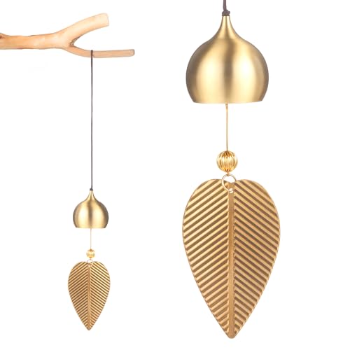 Gold Leaf Hanging Bell for Door Opening Small Brass Bell Gold Brass Bells Good Luck Feng Shui Bells Wind Chime Home Window Decor Belle for Knob Wealth Safe Pendant Home Garden Decor Shopkeepers