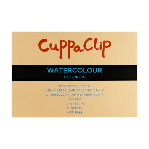 CuppaClip Watercolor Paper Block Pure Cotton Art Paper Pad 300GSM(140LB) Acid-Free 20 Sheets Watercolor Art Supplies (Hot Press, 15×10.2in) - color: Hot Press, size: 15×10.2in