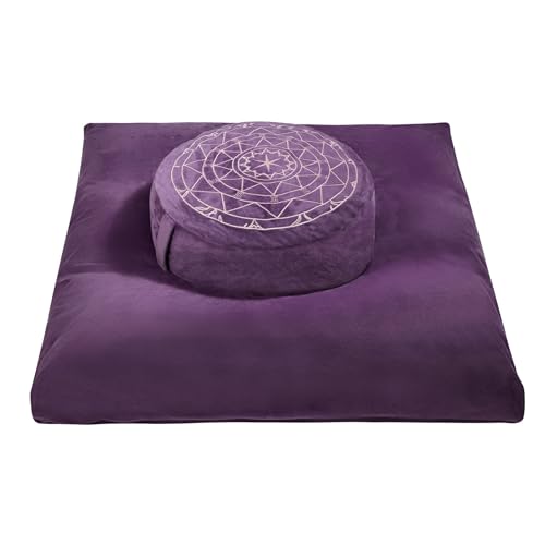 ellier Zafu & Zabuton Meditation Cushion Set - Buckwheat Hull & Memory Foam Pillows, Ergonomic Support for Yoga, Mindfulness - Organic Velvet Cover, Large Size, Purple - color: Purple