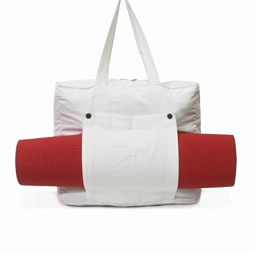 INDIAN CRAFT CASTLE Tote Bag with Yoga Mat Carrier Pocket Carryall Shoulder Bag for Office, Workout, Pilates, Travel, Beach and Gym - color: White