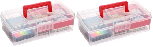 JUXYES Plastic Fishing Tackle Box Organizer with Removable Dividers, Clear Fishing Tackle Storage Boxes with Handle, 2 Layer Fishing Tackle Tray Box Lure Box, Red (Pack of 2) - color: Red, size: 2 Pack