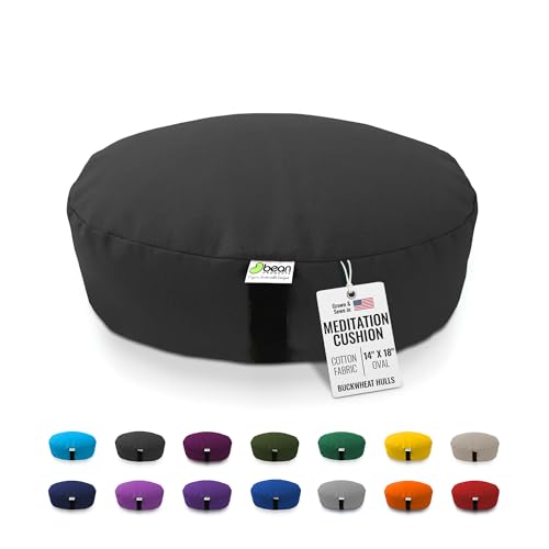 Bean Products Oval Zafu Meditation Cushion, Yoga Pillow 14"x18" - Black | Heavy Weight Washable Cotton Cover - Buckwheat Hull Filled Inner liner - Zen Floor Sitting Cushion - 14" Diameter - color: Black, size: Oval - 14" x 18"