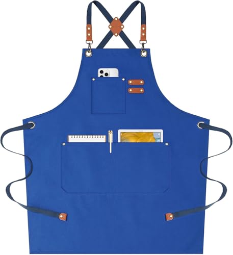 AFUN Chef Aprons for Women Men with Oversized Pockets, 12-Ounce Cotton Canvas Cross Back Water Repellent Apron (Royal Blue) - color: Royal Blue