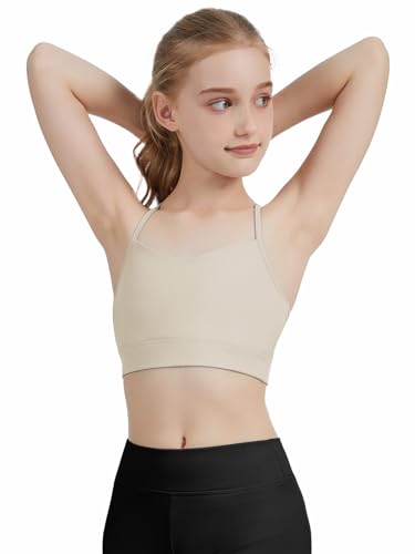 CharmWM Girls Sports Training Vest Spaghetti Strap Y Back Bra Yoga Crop Tank Top for Teens Kids 2-14 Years - color: Beige, size: 5-6 Years