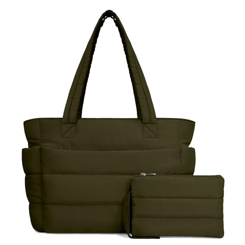 TOPDesign Puffer Tote Bag for Women, Lightweight Puffy Handbag with Compartments, Quilted Shoulder Bag for Work, Travel, Gym - color: Dark Green, size: Medium