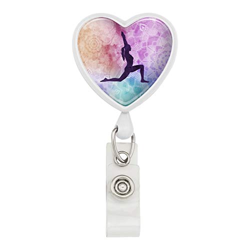 High Lunge Crescent Variation Yoga Pose Heart Lanyard Retractable Reel Badge ID Card Holder - color: White