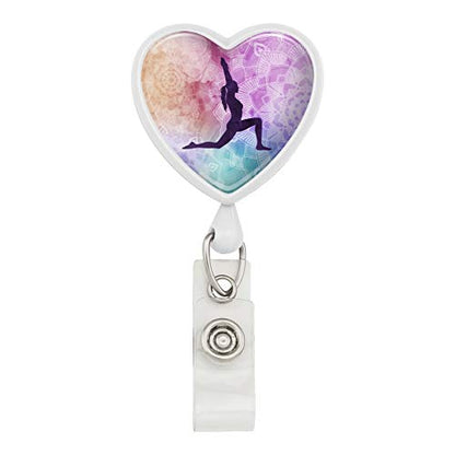 High Lunge Crescent Variation Yoga Pose Heart Lanyard Retractable Reel Badge ID Card Holder - color: White