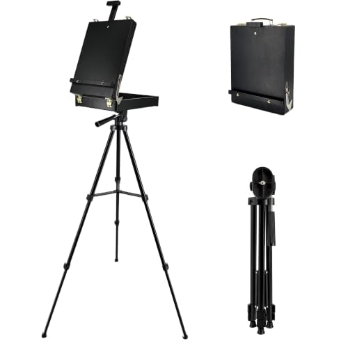 Black French Style Easel Sketch Box with Aluminum Tripod | Lightweight Black Aluminum Tripod, Adjustable Portable Plein Air Easel for Outdoor Painting, Sketching & Painting - color: Black