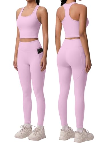 2 Piece Workout Sets for Women Racerback Tank High Waisted Pocket Leggings No Front Seam Tummy Control Butt Lifting - color: Sakura Pink, size: X-Small